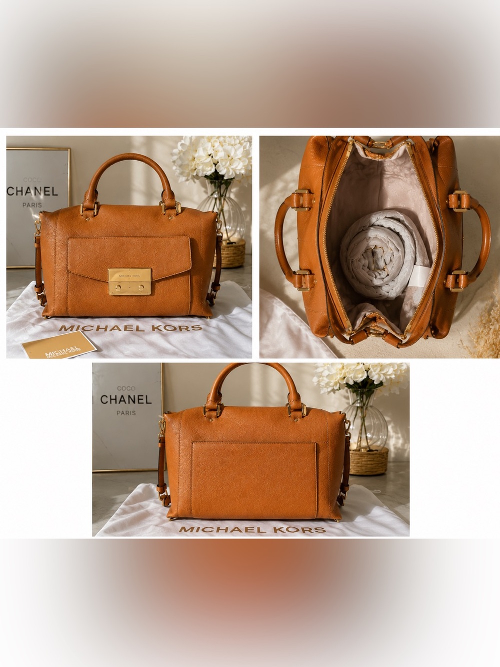 Michael Kors Cognac Leather Satchel with Gold Hardware